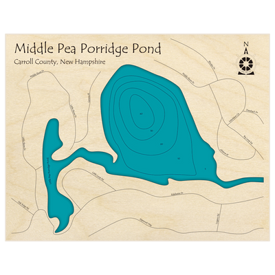 Bathymetric topo map of Middle Pea Porridge Pond with roads, towns and depths noted in blue water