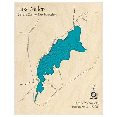 Bathymetric topo map of Lake Millen with roads, towns and depths noted in blue water