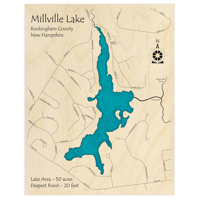 Bathymetric topo map of Millville Lake with roads, towns and depths noted in blue water