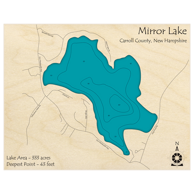 Bathymetric topo map of Mirror Lake with roads, towns and depths noted in blue water