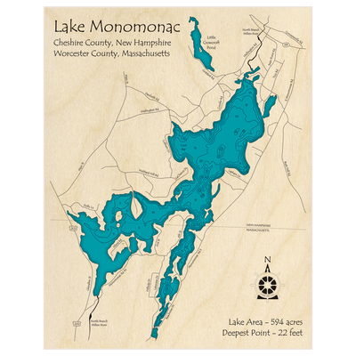 Bathymetric topo map of Monomonac Lake with roads, towns and depths noted in blue water