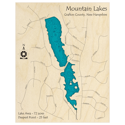 Bathymetric topo map of Mountain Lakes with roads, towns and depths noted in blue water