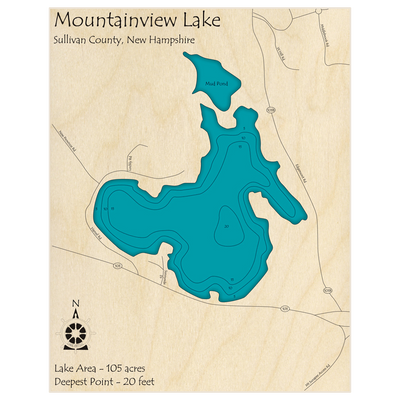 Bathymetric topo map of Mountainview Lake with roads, towns and depths noted in blue water