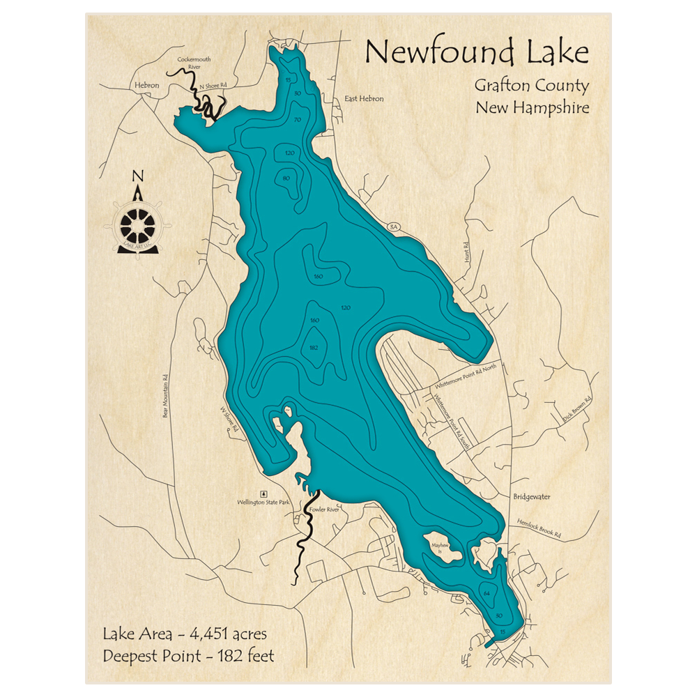 Bathymetric topo map of Newfound Lake with roads, towns and depths noted in blue water