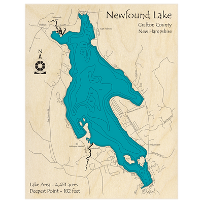 Bathymetric topo map of Newfound Lake with roads, towns and depths noted in blue water