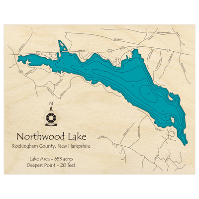 Bathymetric topo map of Northwood Lake with roads, towns and depths noted in blue water