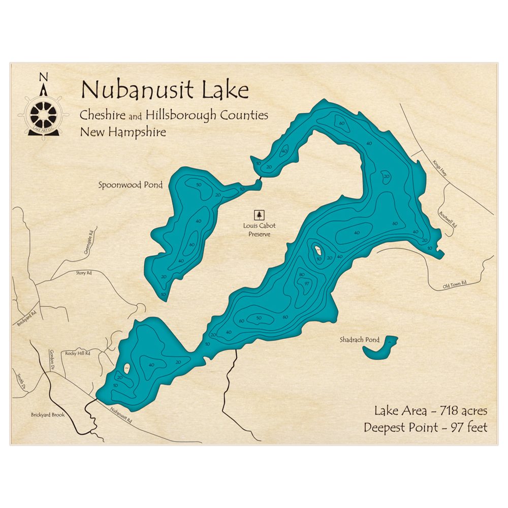 Bathymetric topo map of Nubanusit Lake with roads, towns and depths noted in blue water