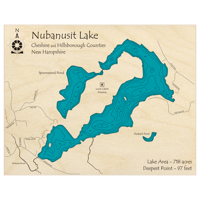 Bathymetric topo map of Nubanusit Lake with roads, towns and depths noted in blue water