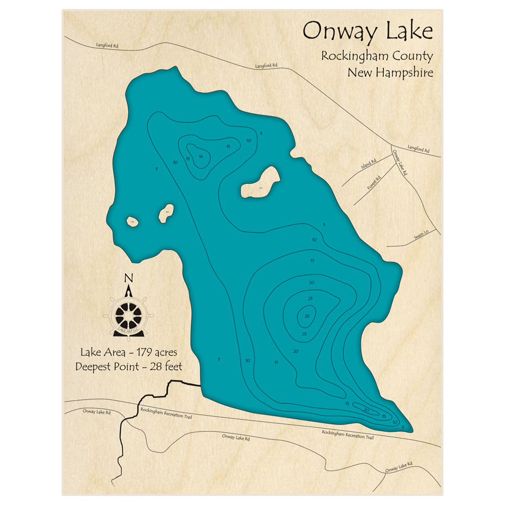 Bathymetric topo map of Onway Lake with roads, towns and depths noted in blue water