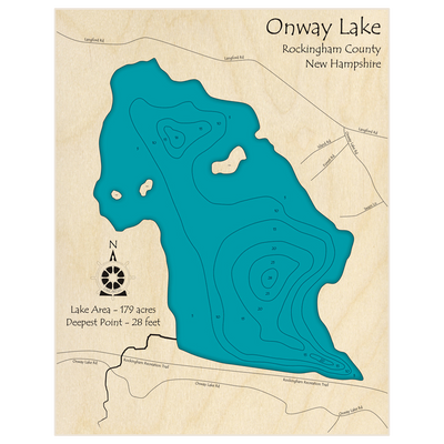 Bathymetric topo map of Onway Lake with roads, towns and depths noted in blue water