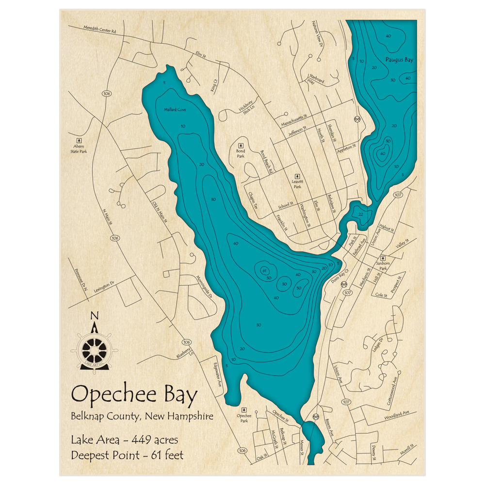 Bathymetric topo map of Opechee Bay with roads, towns and depths noted in blue water