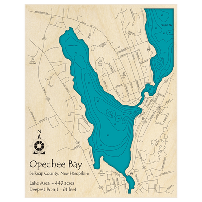 Bathymetric topo map of Opechee Bay with roads, towns and depths noted in blue water