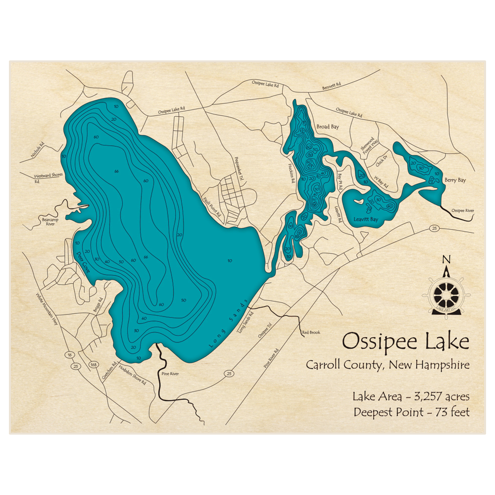 Bathymetric topo map of Ossipee Lake with roads, towns and depths noted in blue water