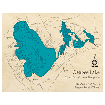 Bathymetric topo map of Ossipee Lake with roads, towns and depths noted in blue water