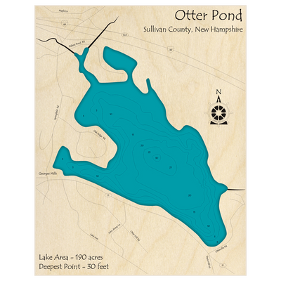 Bathymetric topo map of Otter Pond with roads, towns and depths noted in blue water