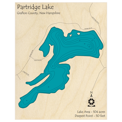 Bathymetric topo map of Partridge Lake with roads, towns and depths noted in blue water