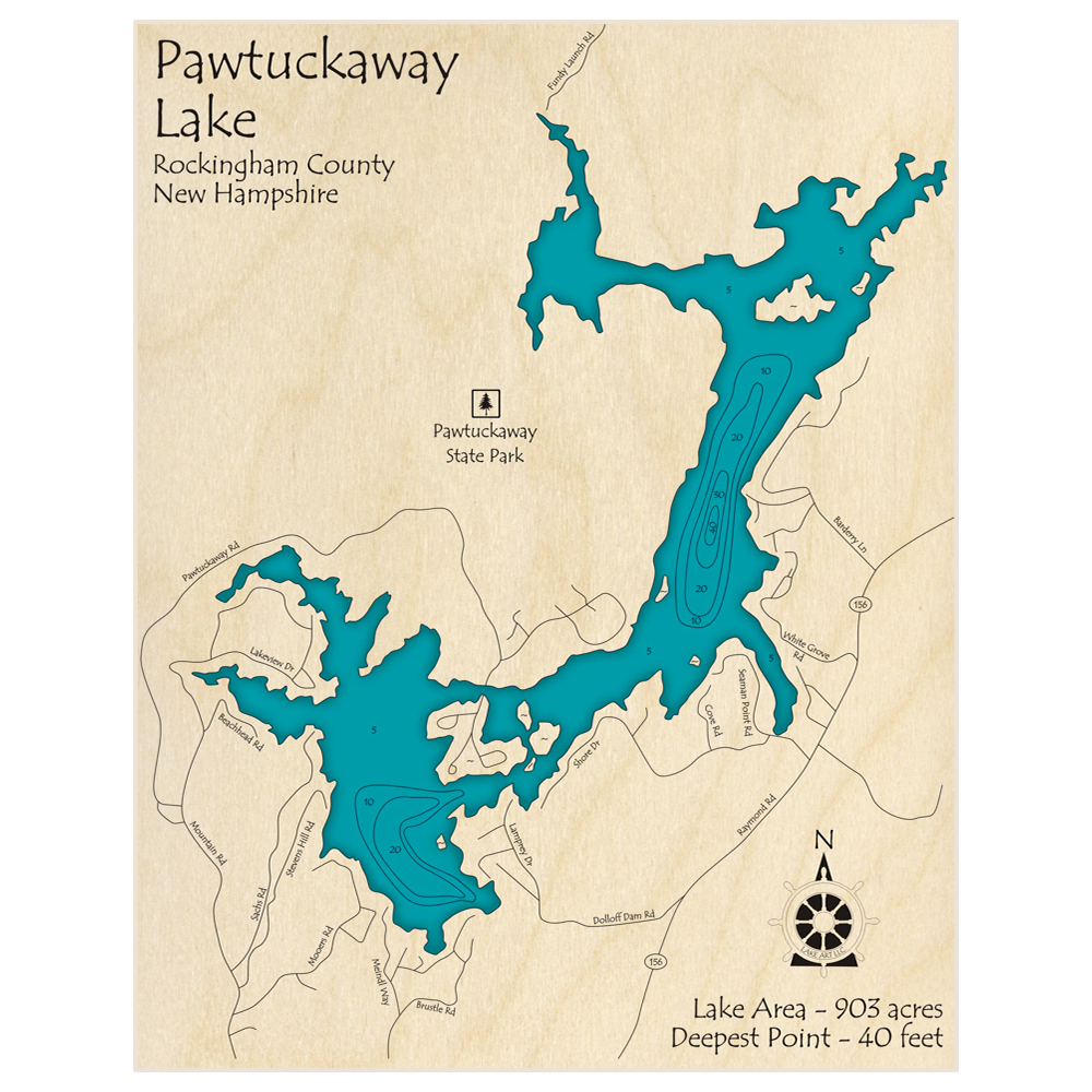 Bathymetric topo map of Pawtuckaway Lake with roads, towns and depths noted in blue water