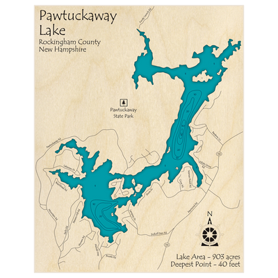 Bathymetric topo map of Pawtuckaway Lake with roads, towns and depths noted in blue water