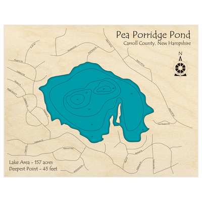 Bathymetric topo map of Pea Porridge Pond (Only Big Pea Porridge) with roads, towns and depths noted in blue water