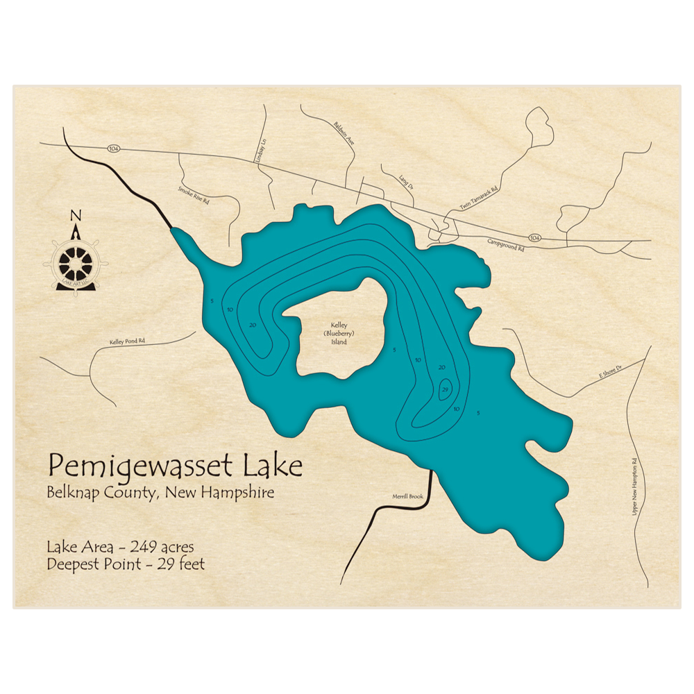 Bathymetric topo map of Pemigewasset Lake with roads, towns and depths noted in blue water