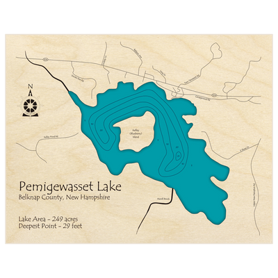 Bathymetric topo map of Pemigewasset Lake with roads, towns and depths noted in blue water