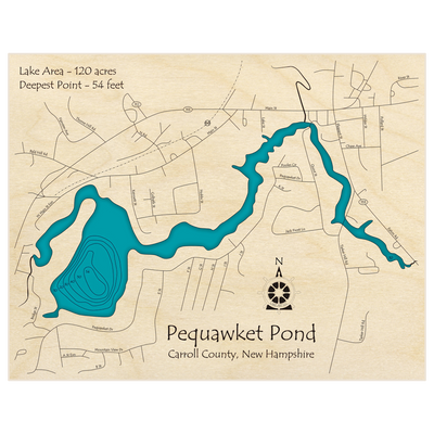 Bathymetric topo map of Pequawket Pond with roads, towns and depths noted in blue water