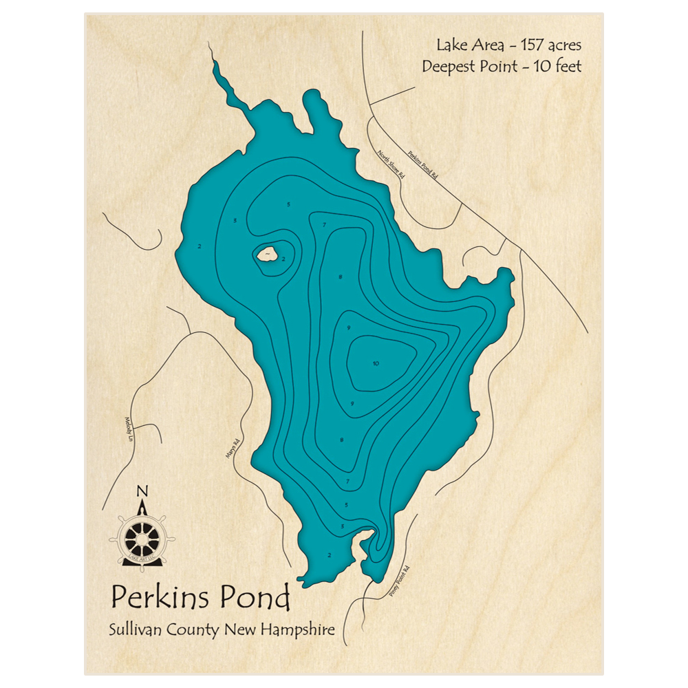 Bathymetric topo map of Perkins Pond with roads, towns and depths noted in blue water