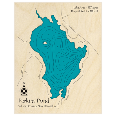 Bathymetric topo map of Perkins Pond with roads, towns and depths noted in blue water