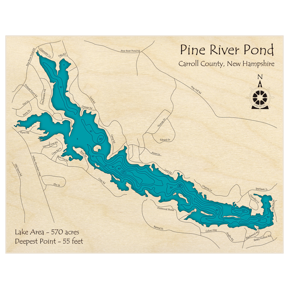 Bathymetric topo map of Pine River Pond with roads, towns and depths noted in blue water