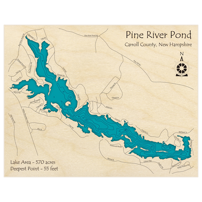 Bathymetric topo map of Pine River Pond with roads, towns and depths noted in blue water