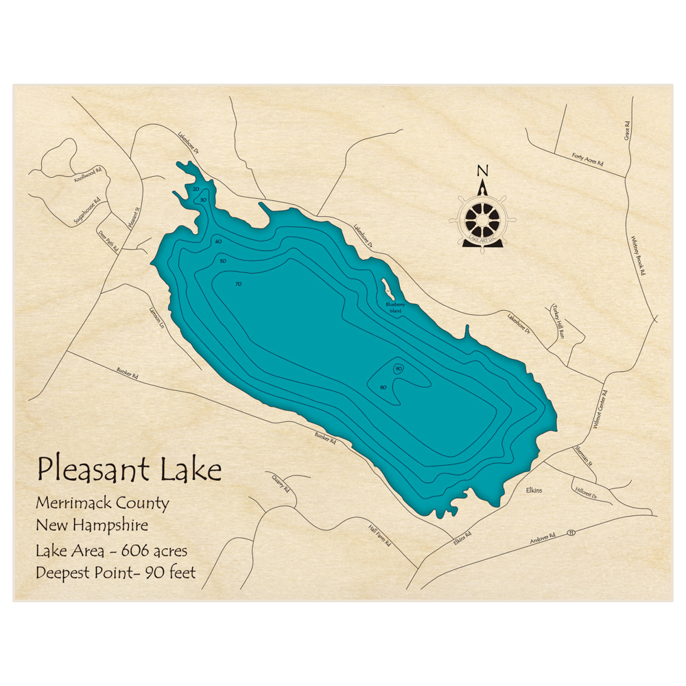 Bathymetric topo map of Pleasant Lake with roads, towns and depths noted in blue water