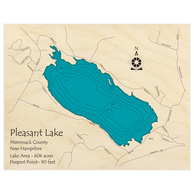 Bathymetric topo map of Pleasant Lake with roads, towns and depths noted in blue water