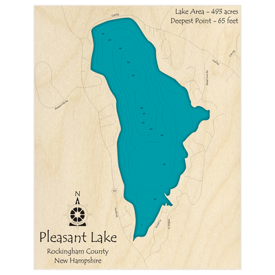 Bathymetric topo map of Pleasant Lake with roads, towns and depths noted in blue water