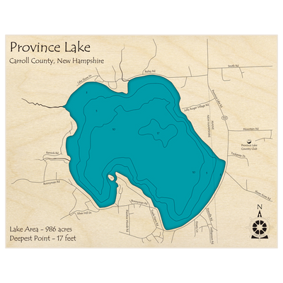 Bathymetric topo map of Province Lake with roads, towns and depths noted in blue water