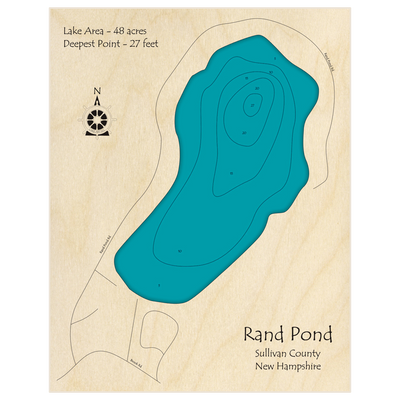 Bathymetric topo map of Rand Pond with roads, towns and depths noted in blue water