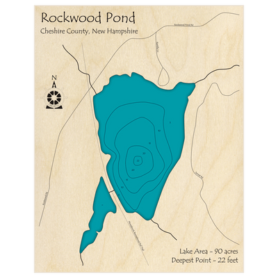 Bathymetric topo map of Rockwood Pond with roads, towns and depths noted in blue water