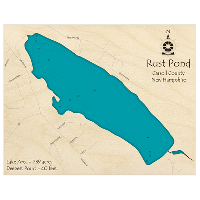 Bathymetric topo map of Rust Pond with roads, towns and depths noted in blue water