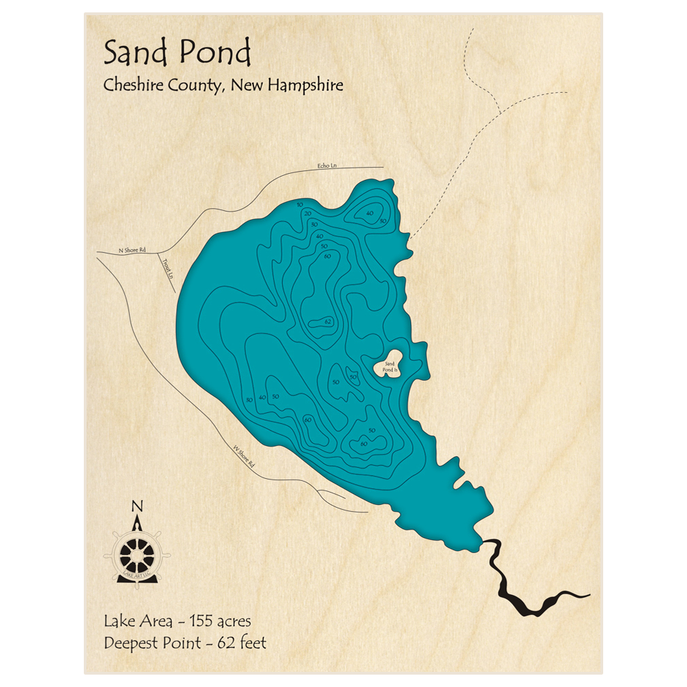 Bathymetric topo map of Sand Pond with roads, towns and depths noted in blue water