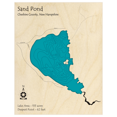 Bathymetric topo map of Sand Pond with roads, towns and depths noted in blue water