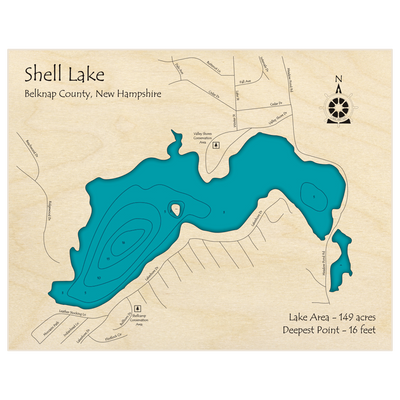 Bathymetric topo map of Shell Lake with roads, towns and depths noted in blue water