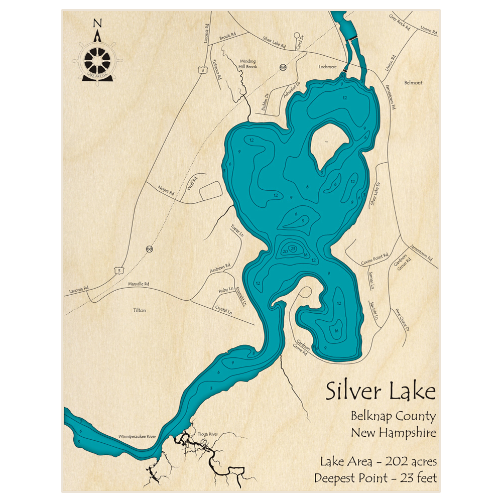 Bathymetric topo map of Silver Lake (near Lochmere) with roads, towns and depths noted in blue water