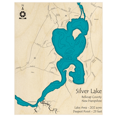 Bathymetric topo map of Silver Lake (near Lochmere) with roads, towns and depths noted in blue water