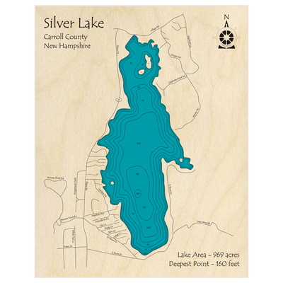 Bathymetric topo map of Silver Lake with roads, towns and depths noted in blue water