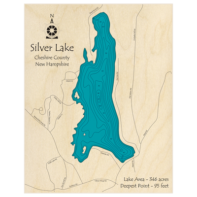 Bathymetric topo map of Silver Lake with roads, towns and depths noted in blue water