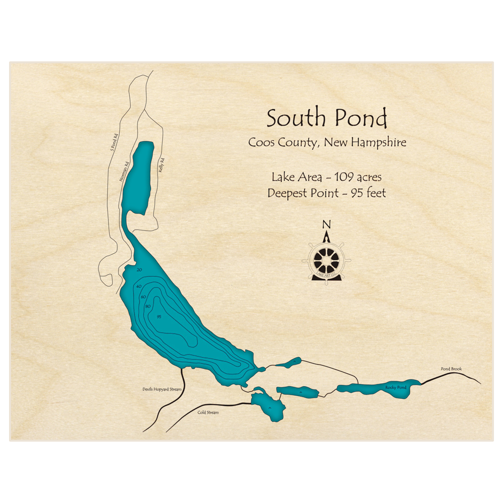 Bathymetric topo map of South Pond with roads, towns and depths noted in blue water