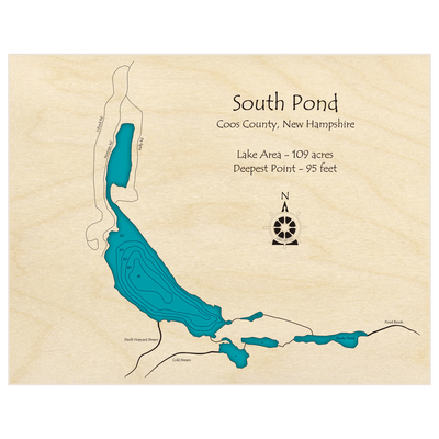 Bathymetric topo map of South Pond with roads, towns and depths noted in blue water