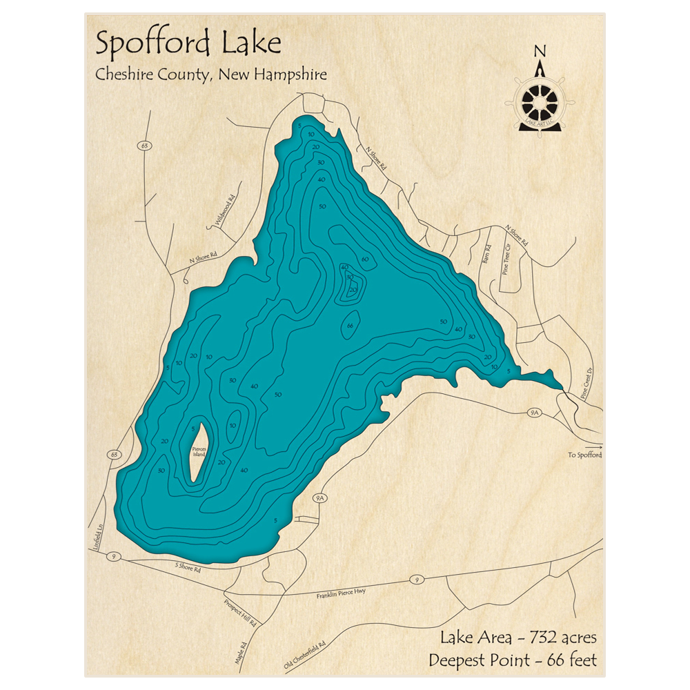 Bathymetric topo map of Spofford Lake with roads, towns and depths noted in blue water