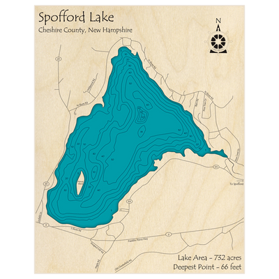 Bathymetric topo map of Spofford Lake with roads, towns and depths noted in blue water