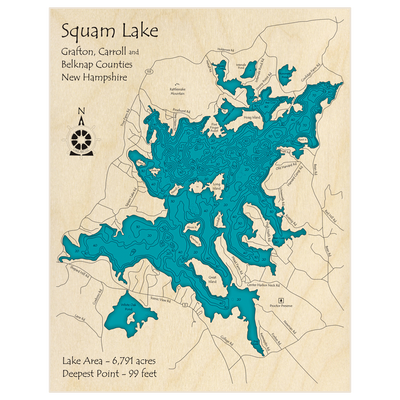 Bathymetric topo map of Squam Lake with roads, towns and depths noted in blue water