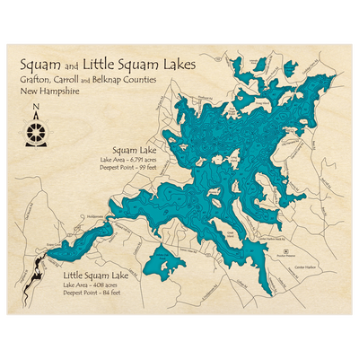 Bathymetric topo map of Squam Lake and Little Squam Lake with roads, towns and depths noted in blue water